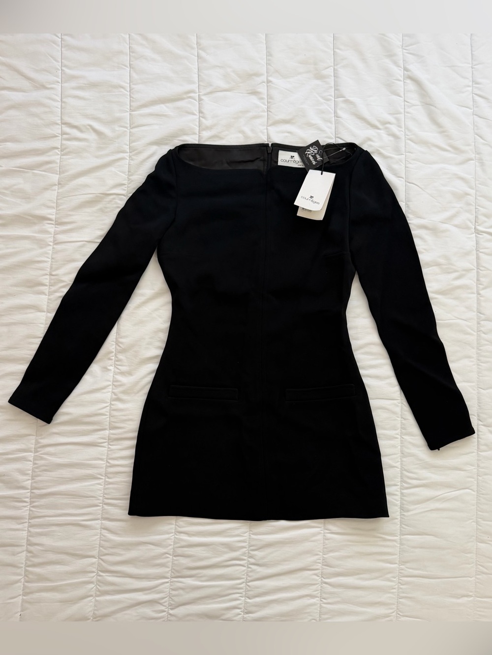 Courrèges “Hirondelle” Long-Sleeve Crepe Mini Dress, Black, NWT
